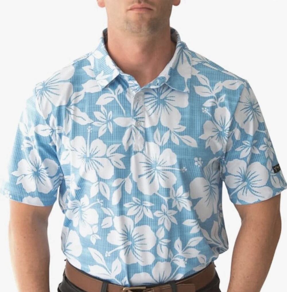 YATTA PGA Tiger GOLF Blue White Kahakai Hawaiian Print Polo Shirt Mens Large NEW